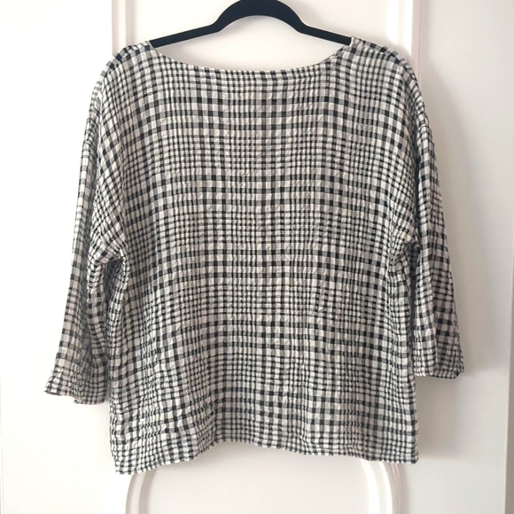 Eileen Fisher Boxy Linen Top Windowpane Check WhiteBlack Size LG Petite - Picture 4 of 9